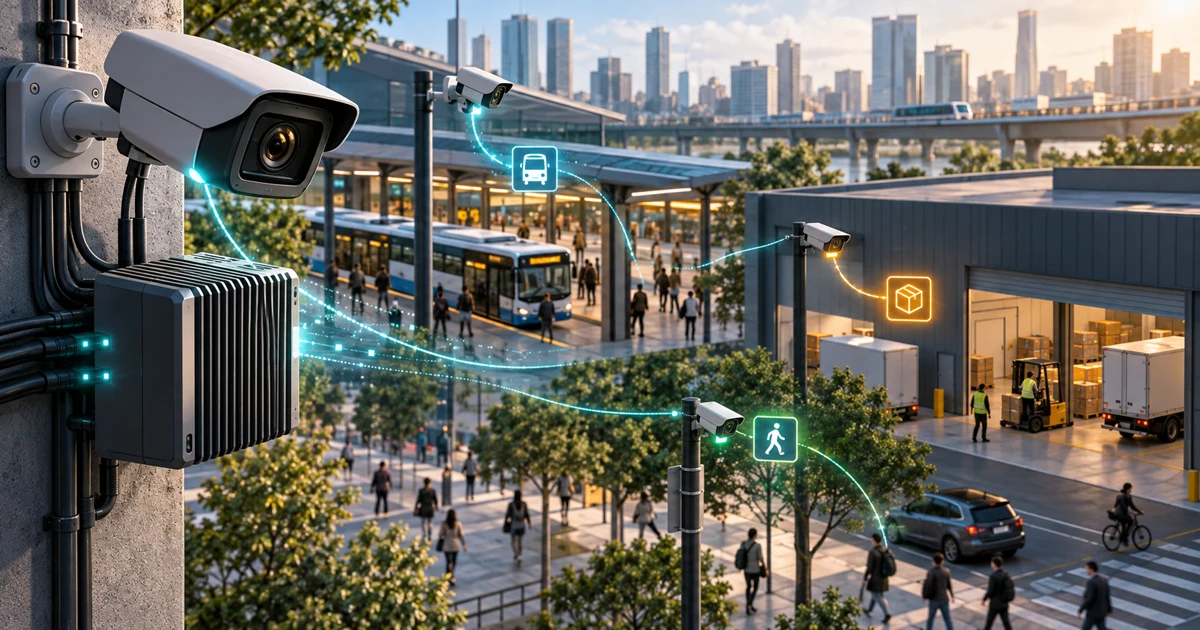 A bright future valley waterfront city where autonomous transport, drones and renewable infrastructure operate through distributed AI systems that continuously interpret environmental events