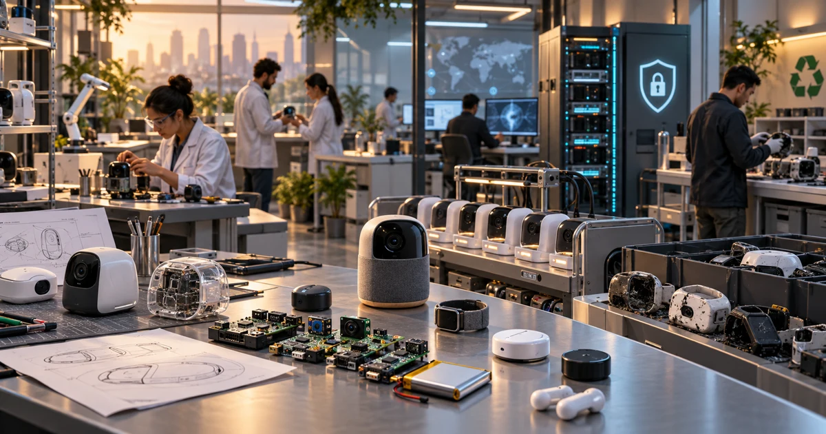A near-future city with connected smart devices, edge-computing nodes and distributed infrastructure representing the long operating life of AI-powered physical products