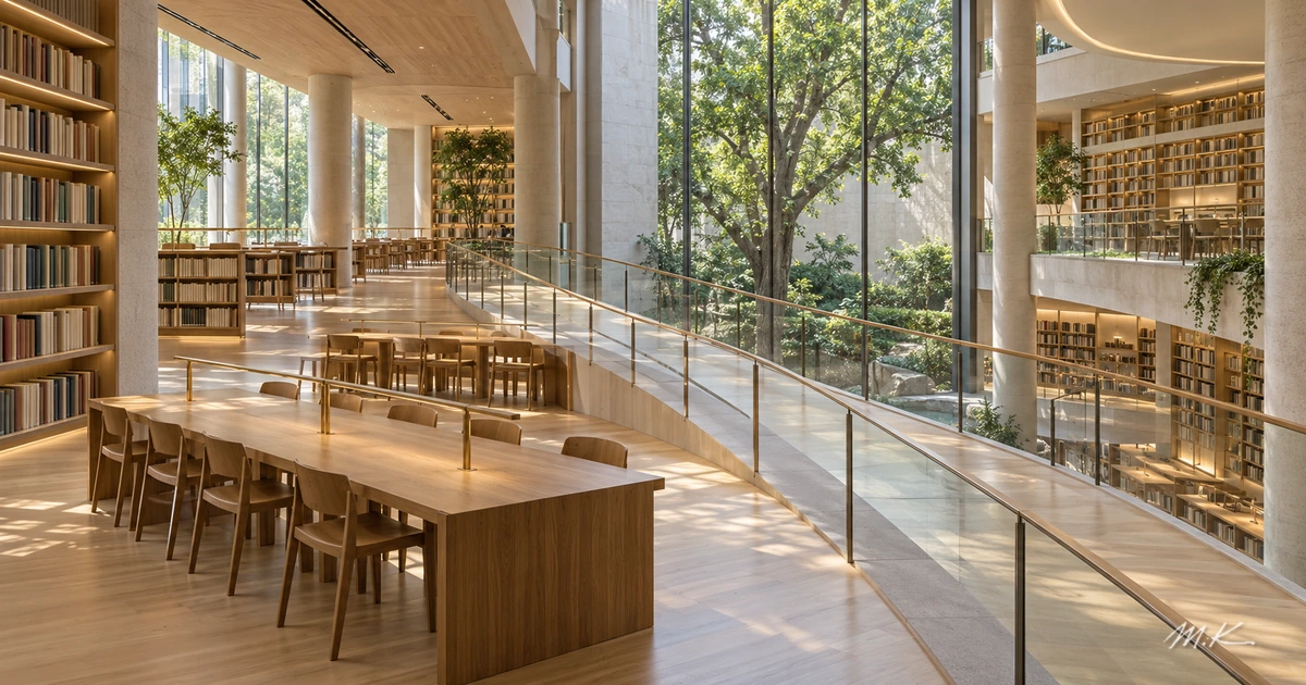 Connected reading levels and shared study tables in a future public library, with books and understated digital facilities expressing reciprocal learning