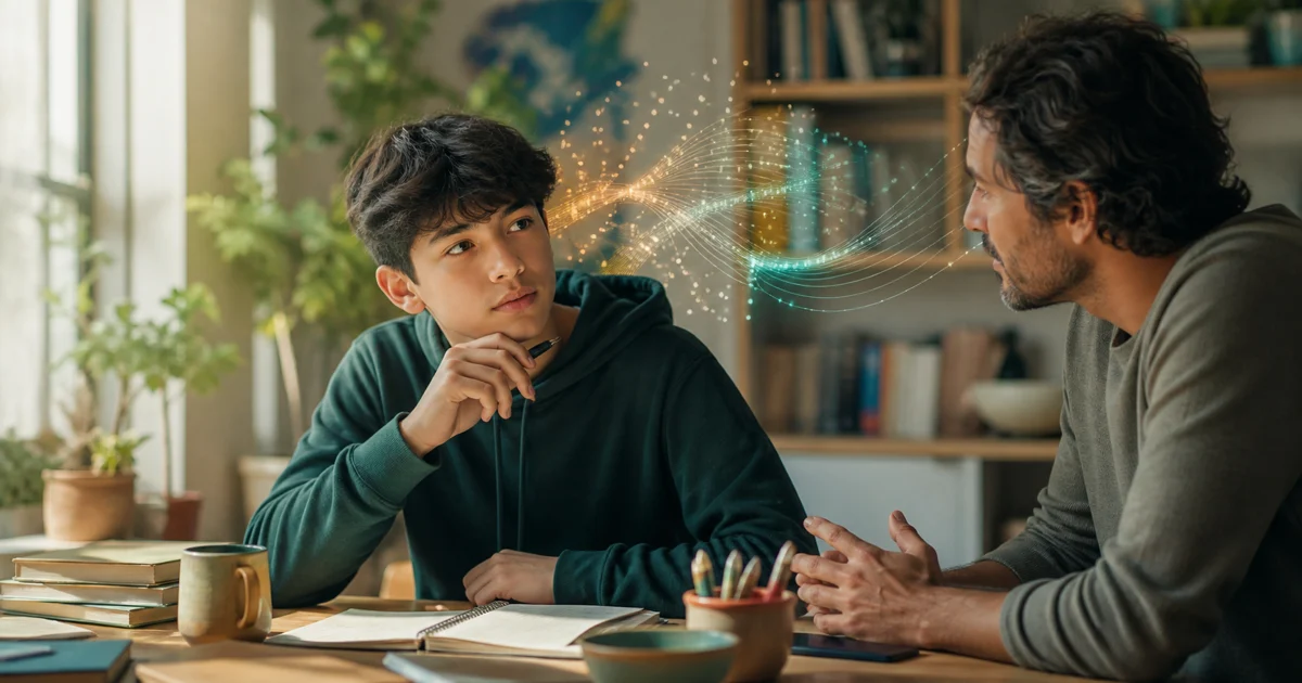 A young learner choosing among handwritten notes, conversation and abstract AI light