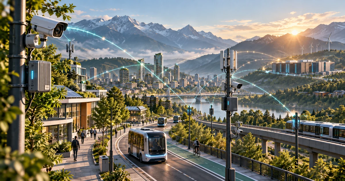 A bright future city in a mountain valley where autonomous transport, energy systems and distributed computing infrastructure operate across a connected edge network