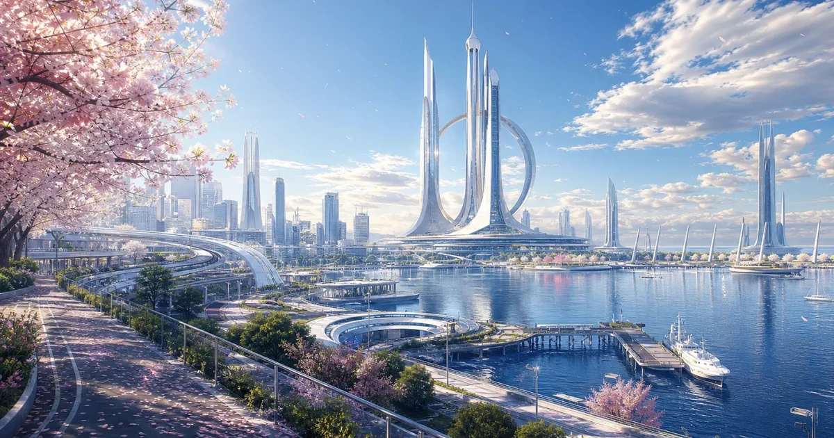 A cherry blossom path overlooks a bright waterfront city of green spaces and sculptural towers