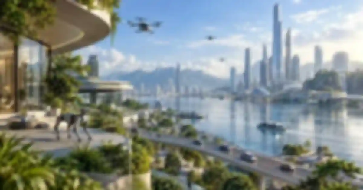 A bright future waterfront city where autonomous shuttles, drones, robotic systems and intelligent infrastructure operate as part of everyday life