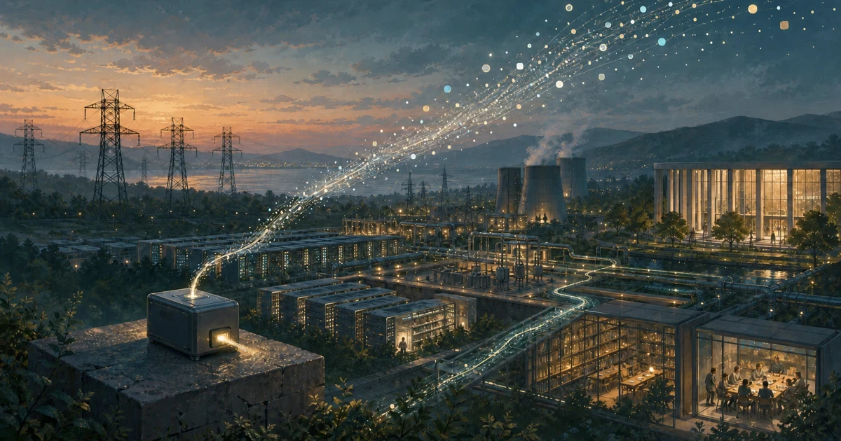 A light stream of data rises from a small compute node above a much larger system of grids, data centres, archives and human review